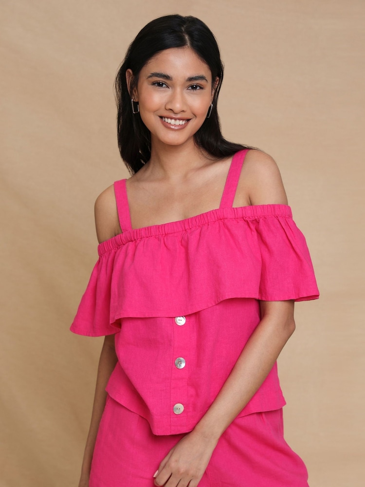Threadbare Pink Linen Blend Strap Bardot Top - Image 1 of 4