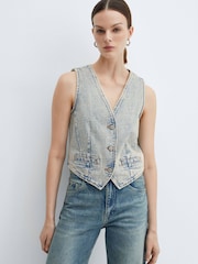 Mango Blue 100% Cotton Denim Gilet With Seams - Image 1 of 7