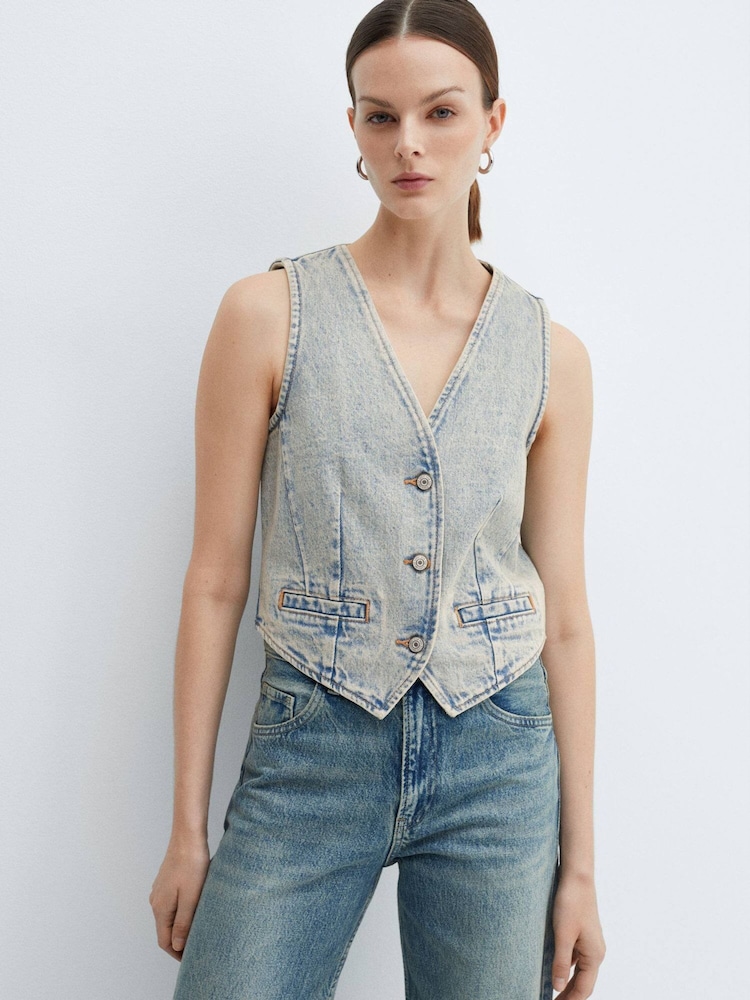 Mango Blue 100% Cotton Denim Gilet With Seams - Image 1 of 7 Mango Blue 100% Cotton Denim Gilet With Seams - Image 1 of 7