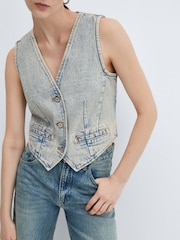 Mango Blue 100% Cotton Denim Gilet With Seams - Image 4 of 7