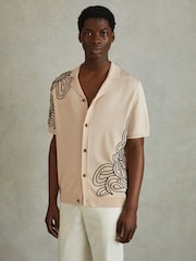 Reiss Cream Romance Jersey Embroidered Cuban Collar Shirt - Image 1 of 6