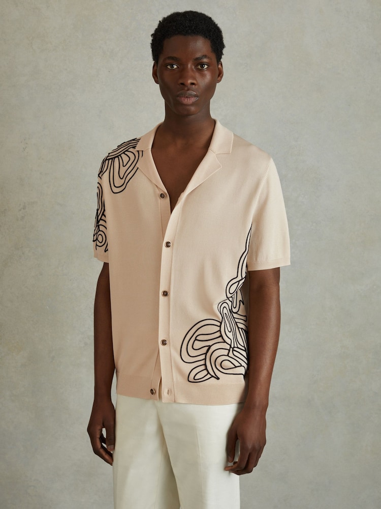 Reiss Cream Romance Jersey Embroidered Cuban Collar Shirt - Image 1 of 6
