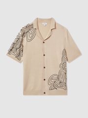 Reiss Cream Romance Jersey Embroidered Cuban Collar Shirt - Image 2 of 6