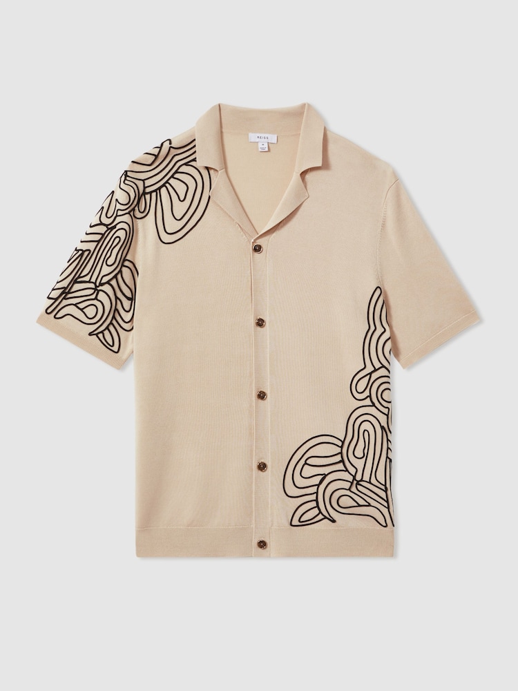 Reiss Cream Romance Jersey Embroidered Cuban Collar Shirt - Image 2 of 6