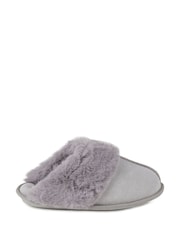 Totes Grey Ladies Isotoner Real Suede Mule Faux Fur Slippers - Image 2 of 5