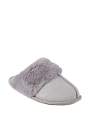 Totes Grey Ladies Isotoner Real Suede Mule Faux Fur Slippers - Image 3 of 5