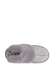 Totes Grey Ladies Isotoner Real Suede Mule Faux Fur Slippers - Image 4 of 5
