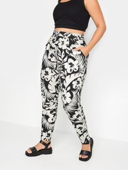 Yours Curve Black & White Tropical Print Harem Trousers - Image 1 of 5