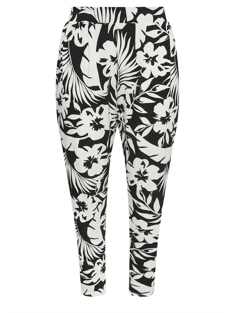 Yours Curve Black & White Tropical Print Harem Trousers - Image 5 of 5
