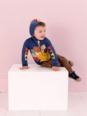JoJo Maman Bébé Indigo Blue Triceratops Appliqué Novelty Cosy Hoodie - Image 2 of 6
