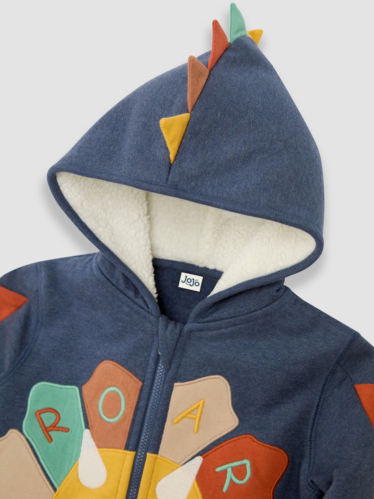 JoJo Maman Bébé Indigo Blue Triceratops Appliqué Novelty Cosy Hoodie - Image 6 of 6