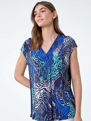 Roman Blue Abstract Wave Print Stretch Top - Image 1 of 5