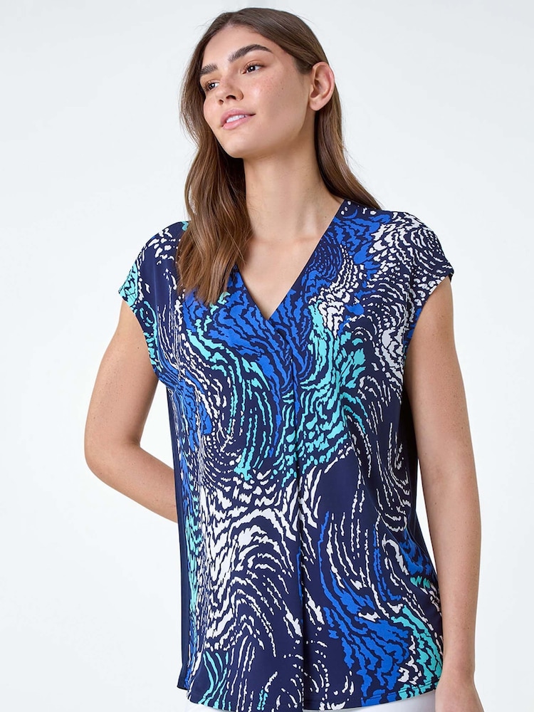 Roman Blue Abstract Wave Print Stretch Top - Image 1 of 5