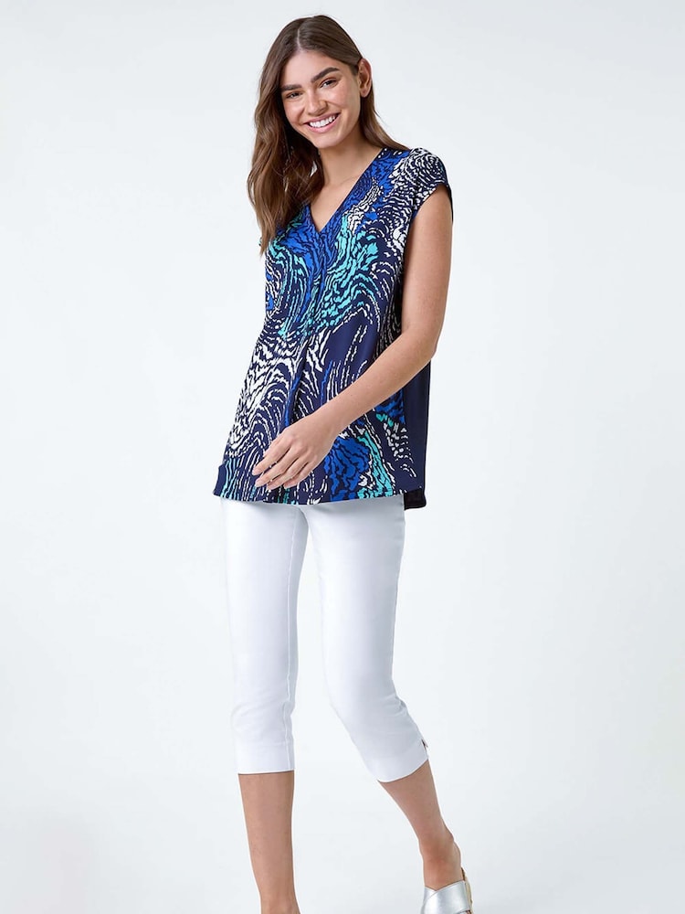 Roman Blue Abstract Wave Print Stretch Top - Image 2 of 5