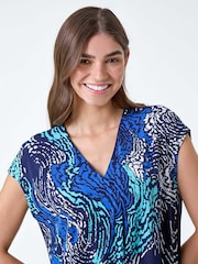 Roman Blue Abstract Wave Print Stretch Top - Image 4 of 5