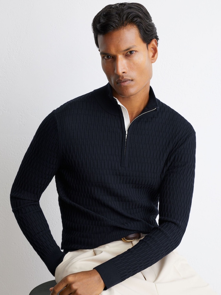 Reiss Navy Idol Textured-Knit Half-Zip Jumper - Image 1 of 7 Reiss Navy Idol Textured-Knit Half-Zip Jumper - Image 1 of 7