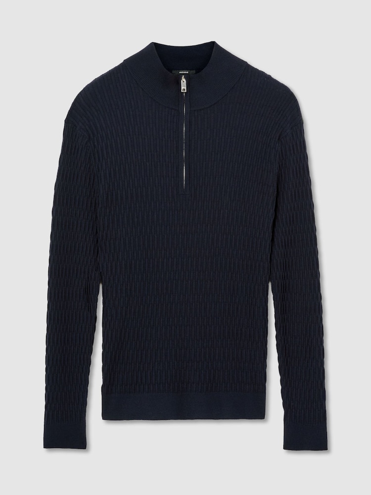 Reiss Navy Idol Textured-Knit Half-Zip Jumper - Image 2 of 7 Reiss Navy Idol Textured-Knit Half-Zip Jumper - Image 2 of 7