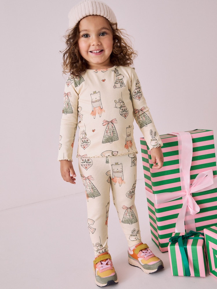 Cream Christmas Bunny Characters Rib Long Sleeve Christmas Top and Leggings Set (3mths-7yrs) - Image 1 of 8