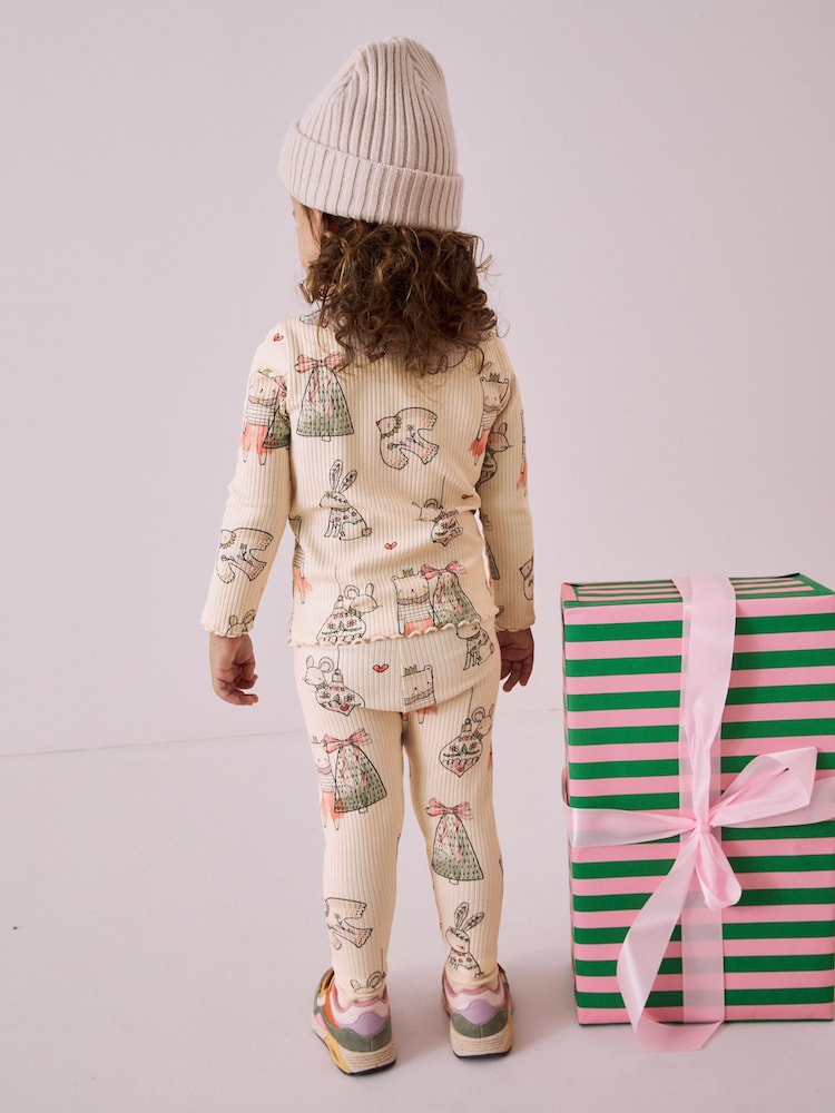 Cream Christmas Bunny Characters Rib Long Sleeve Christmas Top and Leggings Set (3mths-7yrs) - Image 2 of 8