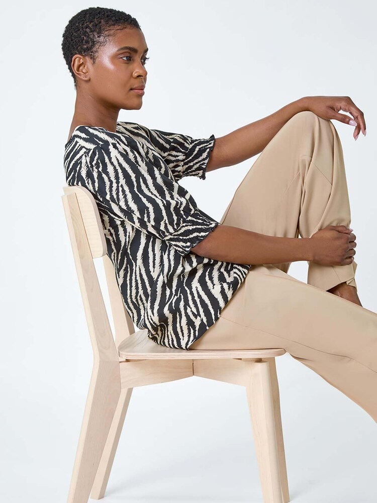 Roman Black Animal Print Shirred Top - Image 1 of 5