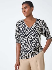 Roman Black Animal Print Shirred Top - Image 2 of 5