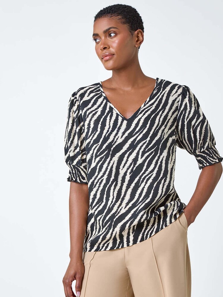 Roman Black Animal Print Shirred Top - Image 2 of 5