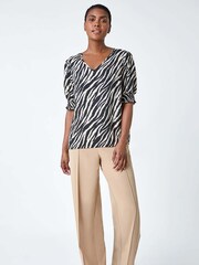 Roman Black Animal Print Shirred Top - Image 4 of 5