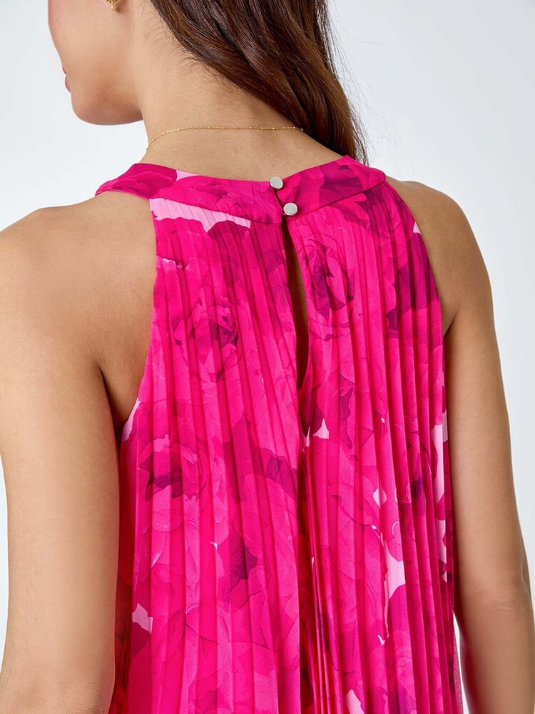 Roman Pink Halter Neck Floral Pleated Swing Dress - Image 5 of 5
