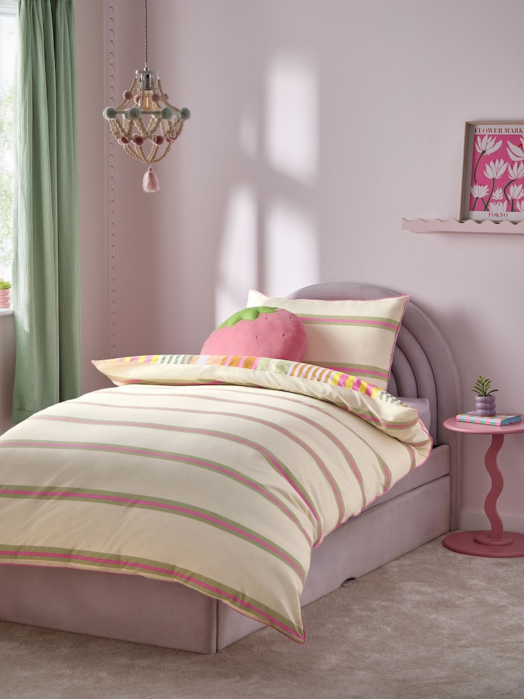 Pink Multi Stripe Printed Polycotton Duvet Cover and Pillowcase Bedding Set - Image 2 of 9