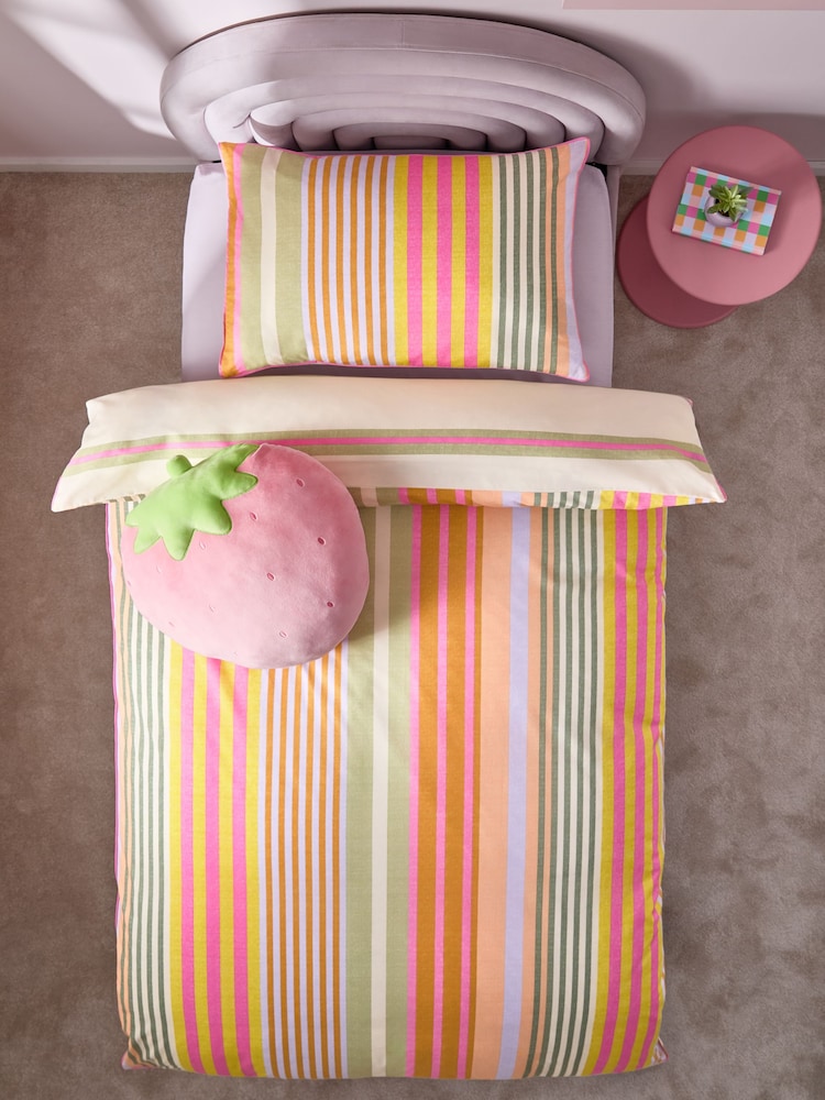Pink Multi Stripe Printed Polycotton Duvet Cover and Pillowcase Bedding Set - Image 3 of 9
