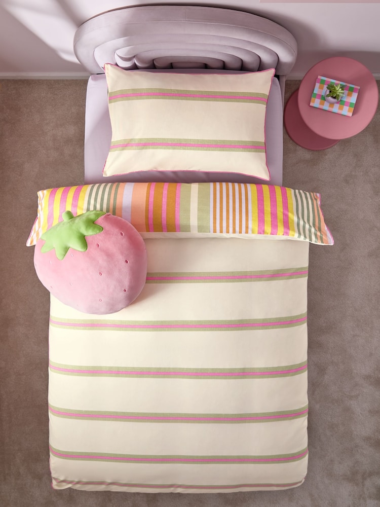 Pink Multi Stripe Printed Polycotton Duvet Cover and Pillowcase Bedding Set - Image 4 of 9