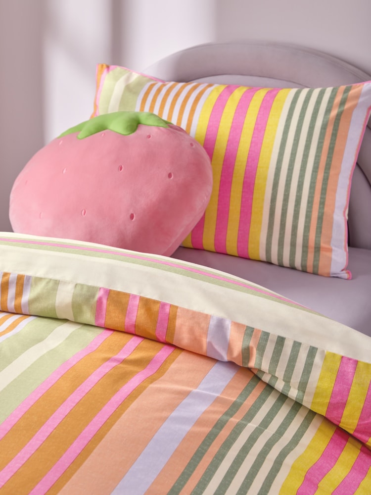 Pink Multi Stripe Printed Polycotton Duvet Cover and Pillowcase Bedding Set - Image 5 of 9