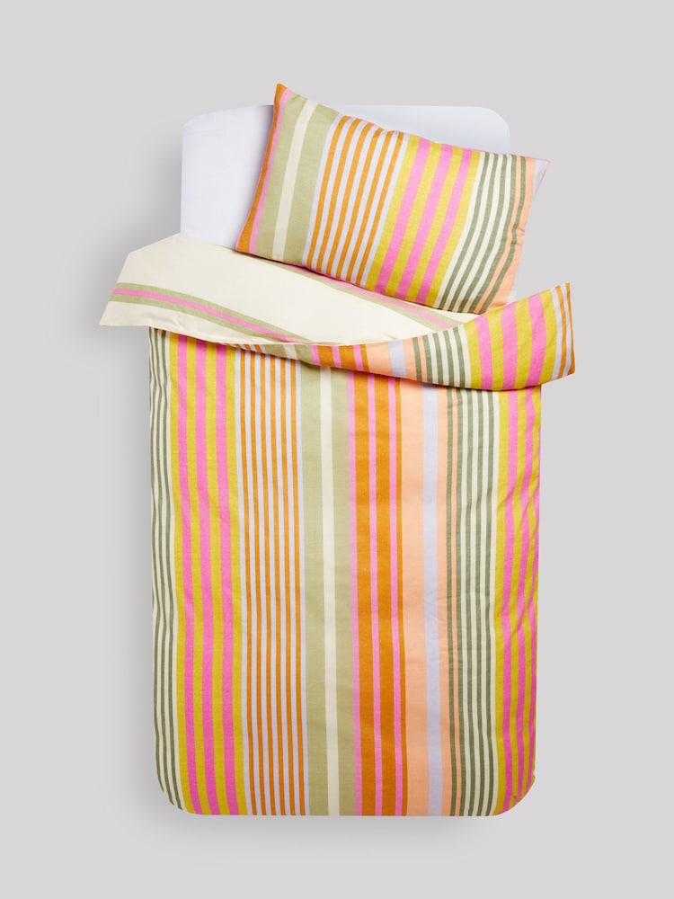 Pink Multi Stripe Printed Polycotton Duvet Cover and Pillowcase Bedding Set - Image 7 of 9