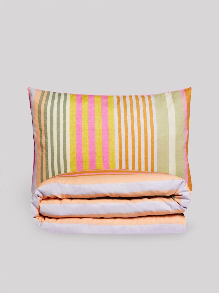 Pink Multi Stripe Printed Polycotton Duvet Cover and Pillowcase Bedding Set - Image 8 of 9