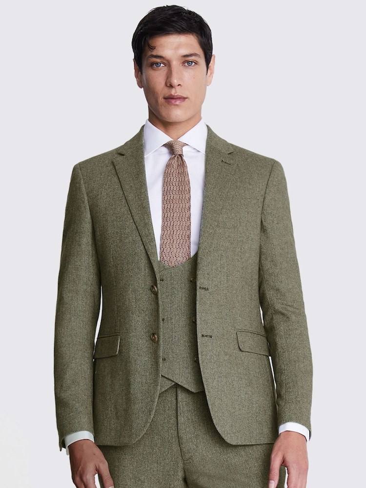 MOSS Sage Green Slim Fit Herringbone Tweed Jacket - Image 1 of 8