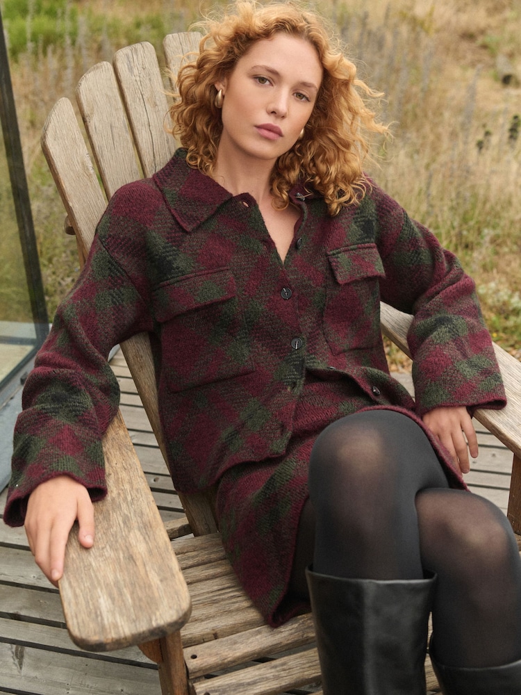 Burgundy Red Patterned Button Through Knitted Cardigan Jacket - Image 1 of 9