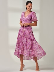 Jolie Moi Purple Floral Pleated Dip Hem Chiffon Maxi Dress - Image 1 of 6