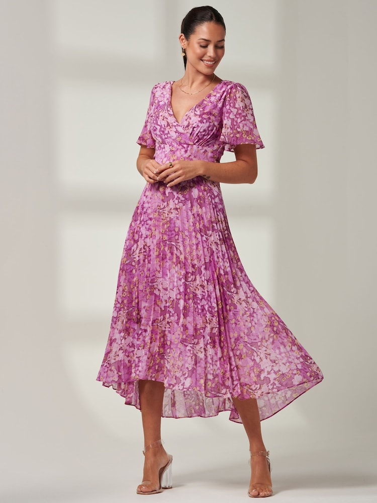 Púrpura floral - Vestido largo de gasa plisado con bajo asimétrico de Jolie Moi - Imagen 1 de 6 Púrpura floral - Vestido largo de gasa plisado con bajo asimétrico de Jolie Moi - Imagen 1 de 6