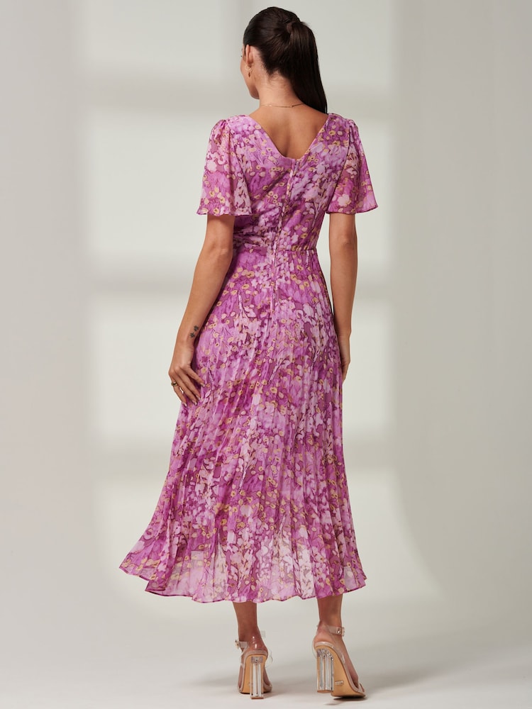 Púrpura floral - Vestido largo de gasa plisado con bajo asimétrico de Jolie Moi - Imagen 2 de 6 Púrpura floral - Vestido largo de gasa plisado con bajo asimétrico de Jolie Moi - Imagen 2 de 6