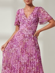 Jolie Moi Purple Floral Pleated Dip Hem Chiffon Maxi Dress - Image 3 of 6