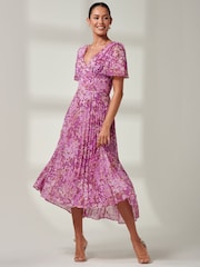 Jolie Moi Purple Floral Pleated Dip Hem Chiffon Maxi Dress - Image 4 of 6