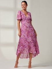 Jolie Moi Purple Floral Pleated Dip Hem Chiffon Maxi Dress - Image 6 of 6