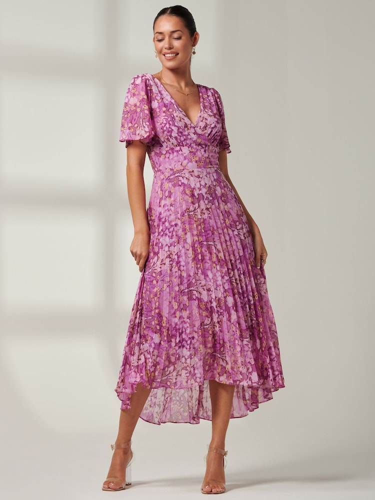 Púrpura floral - Vestido largo de gasa plisado con bajo asimétrico de Jolie Moi - Imagen 6 de 6 Púrpura floral - Vestido largo de gasa plisado con bajo asimétrico de Jolie Moi - Imagen 6 de 6