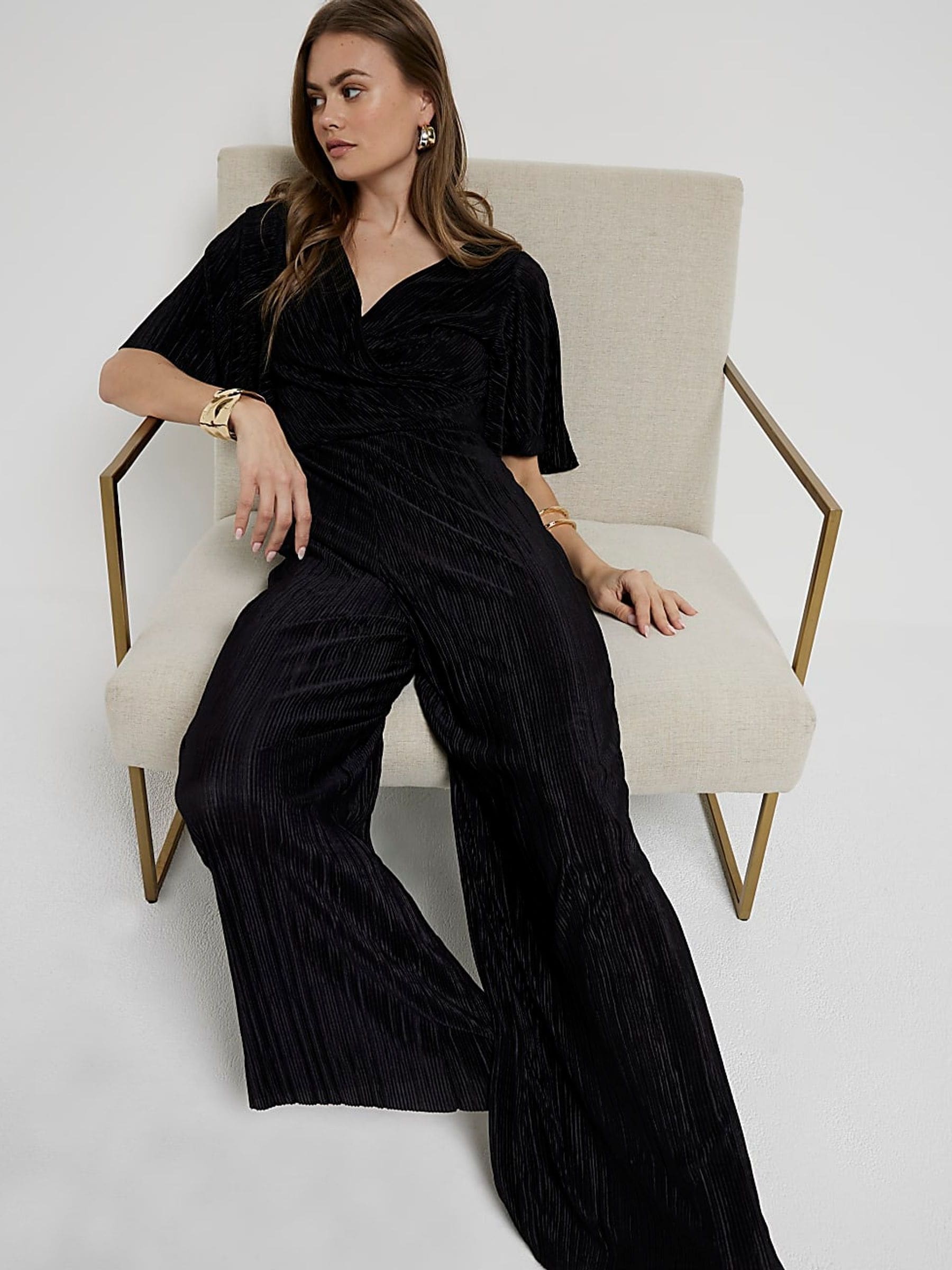 Buy River Island Black Angel Sleeve Plisse Jumpsuit from Next Luxembourg