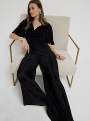 River Island Black Angel Sleeve Plisse Jumpsuit - Image 1 of 6