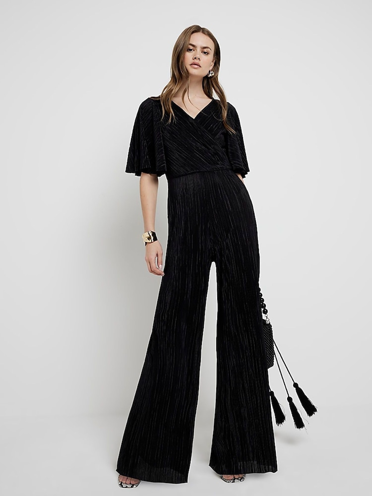 River Island Black Angel Sleeve Plisse Jumpsuit - Image 2 of 6
