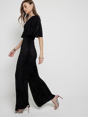 River Island Black Angel Sleeve Plisse Jumpsuit - Image 3 of 6