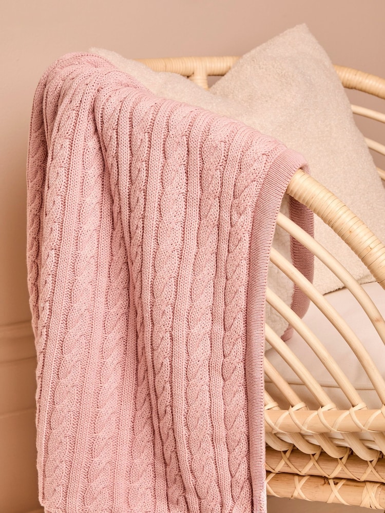 JoJo Maman Bébé Soft Pink Cable Knit Sherpa Fleece Blanket - Изображение 1 из 6