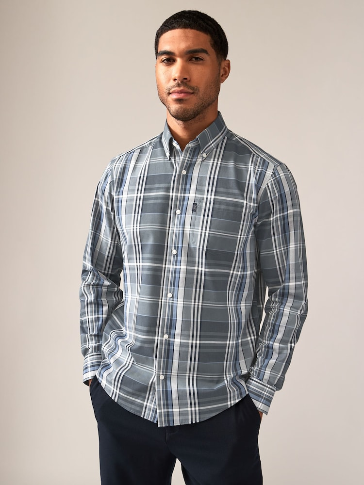Petrol Blue Madras Check Regular Fit Easy Iron Button Down Oxford Shirt - Image 1 of 8