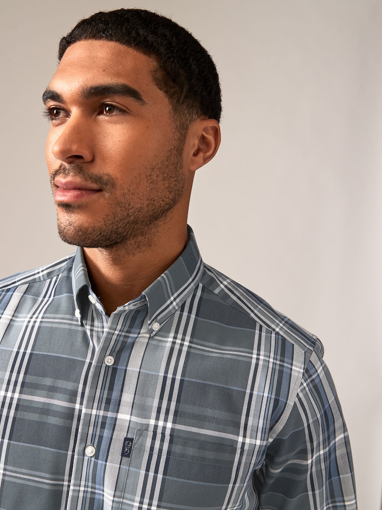 Petrol Blue Madras Check Regular Fit Easy Iron Button Down Oxford Shirt - Image 4 of 8